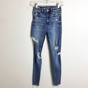 America Eagle Distressed Jeans Jeggings Size 00 Pants Dark Blue Super High Raise